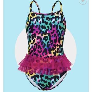NWOT  Colorful Leopard Girls Swimsuits Bathing Suit One Piece Bikini with Ruffle
